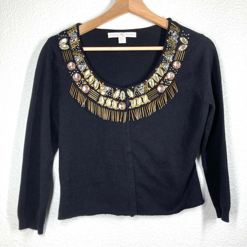 Boston Proper Black Gold Embellished Cardigan Sweater Size XS Snap Button Down